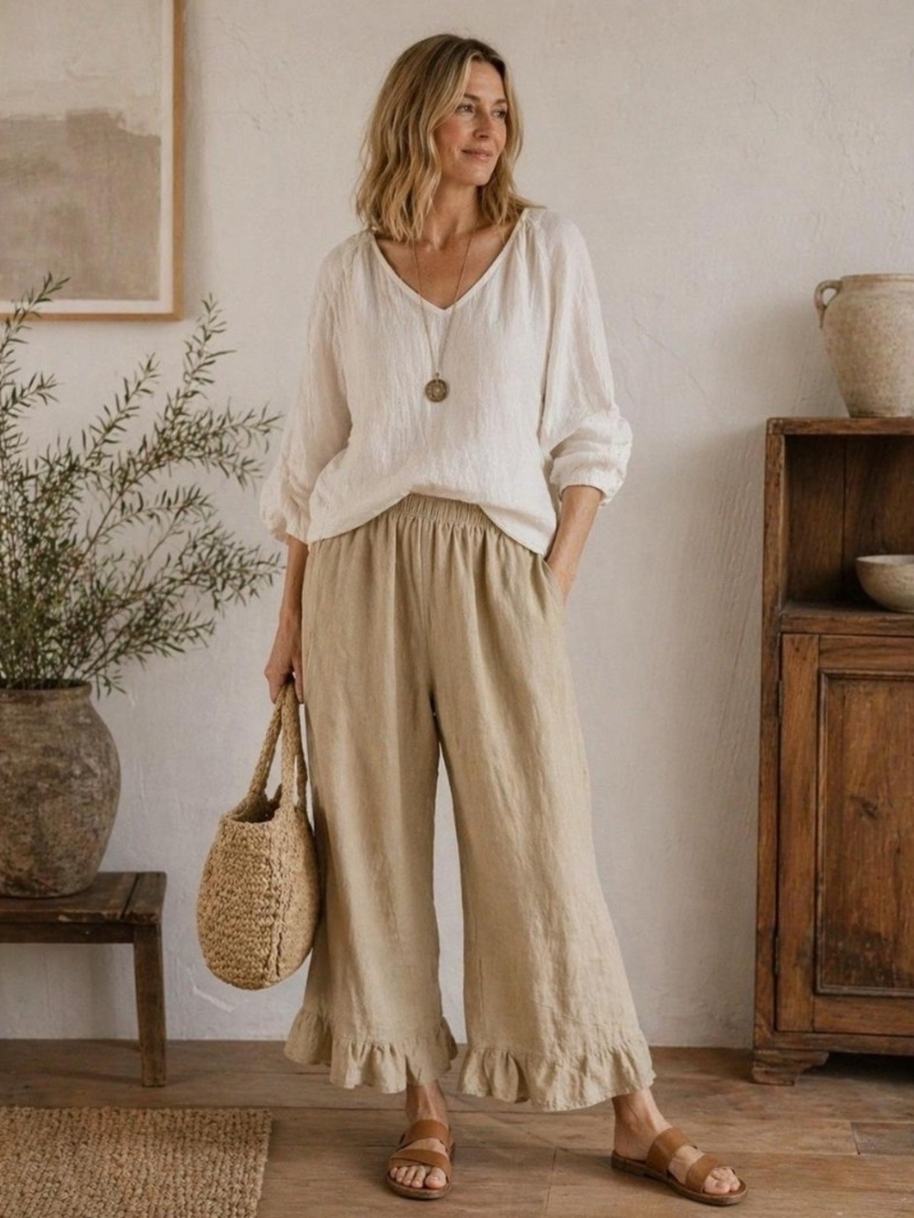 NWOT Flax 100% Linen Wide Leg Ruffle Pants
